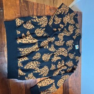 Farm Rio Leopard Print Crew Neck Sweater Black Tan Wool Blend Size M 304514